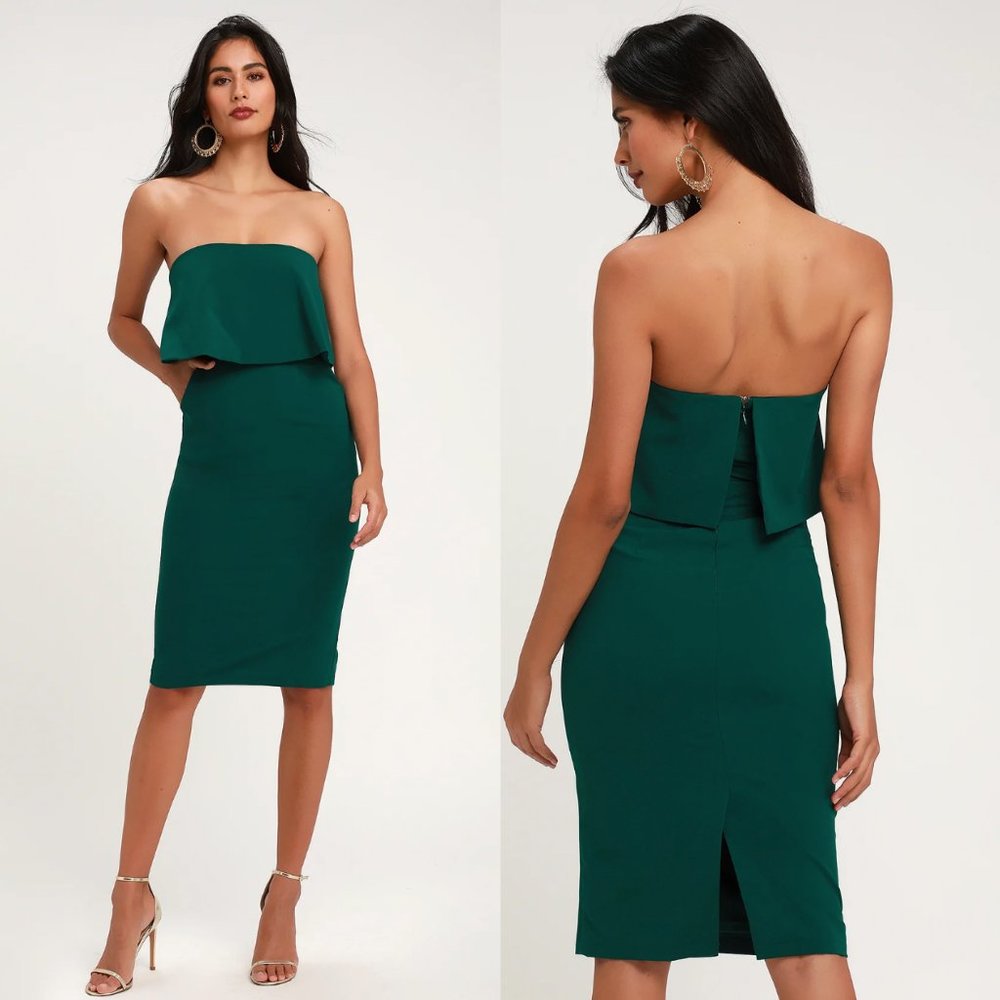 Lulu's Lots of Love Emerald Green Strapless Midi Dress Wedding Guest Dress, Sz L